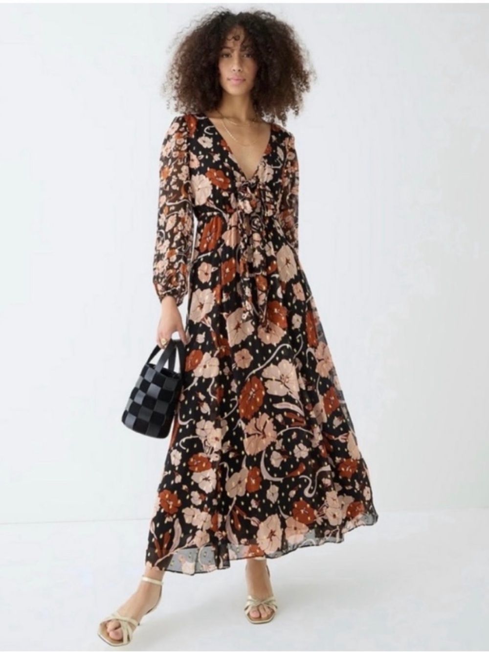 NWT J. Crew Black Floral Tie Front Lurex Maxi Dress Gold Accent - Size XL